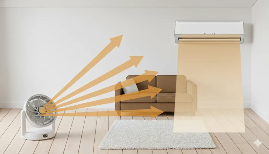 暖房効果UP！サーキュレーターの正しい向きと置き方 戦略A：対角線上に置いて渦を作る