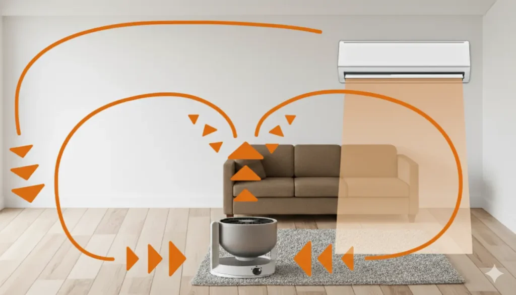 暖房効果UP！サーキュレーターの正しい向きと置き方 戦略B：部屋の中央から真上に送風